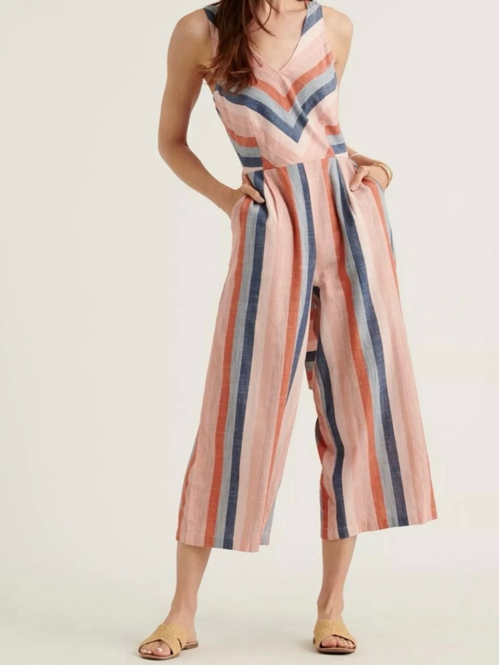 Lucky Brand Women’s S/P Striped V-Neck Wide-Leg Cropped Jumpsuit Coral Navy New